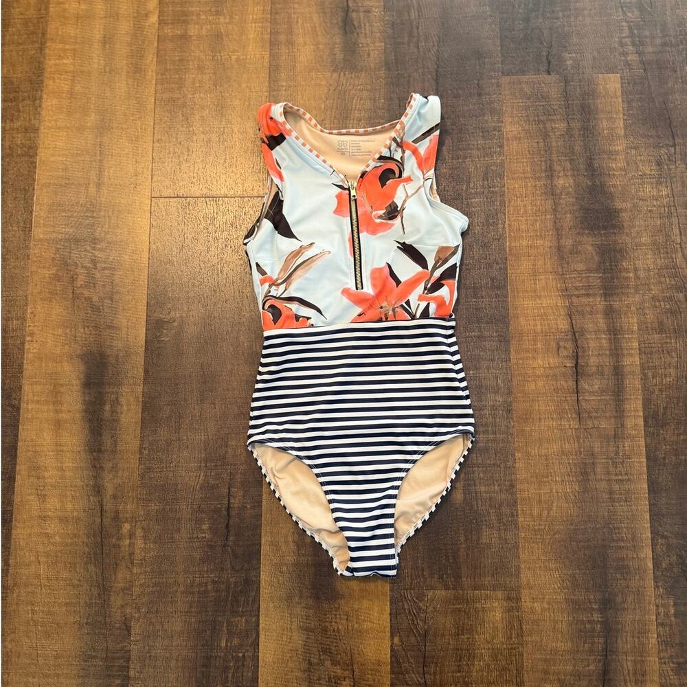 Albion Fit Floral Stripe One Piece Swimsuit XS Blue Coral Zip Front - Picture 5 of 6